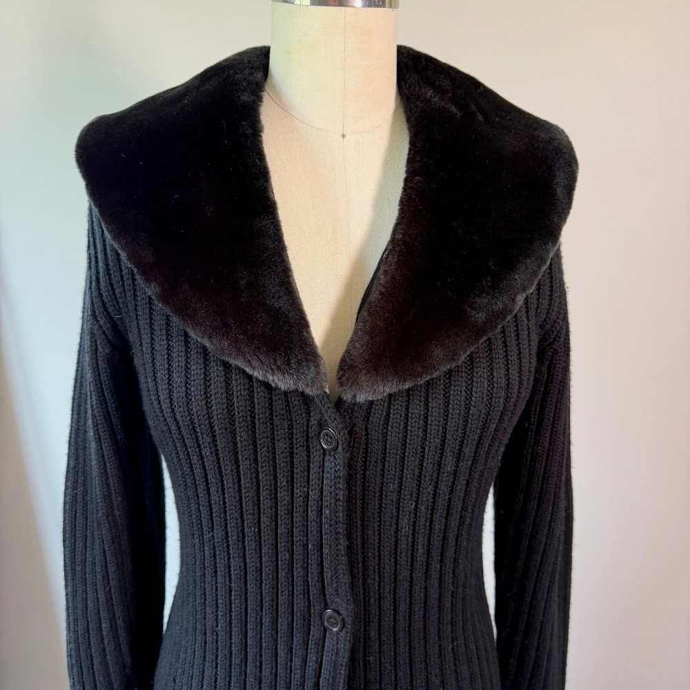Deane & White Black Ribbed Wool Blend Longline Cardigan Detachable Fur Collar S
